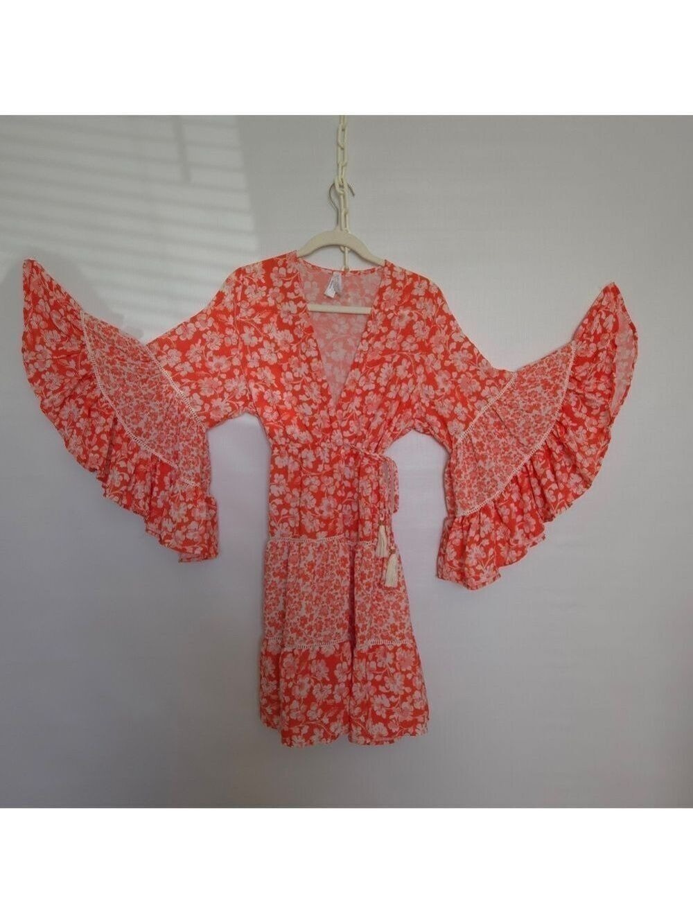 COSITA LINDA FULL WRAP DRESS BEACHWEAR ORANGE WHITE RUFFLES FLOWY BOHO SZ MEDIUM - Picture 5 of 15